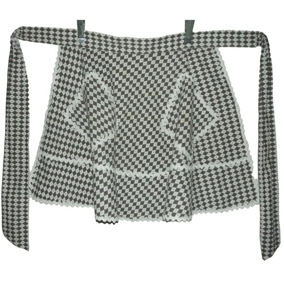 Vintage Apron Brown White Geometric Diamond Print rick rack trim pockets tie bac - Picture 2 of 11